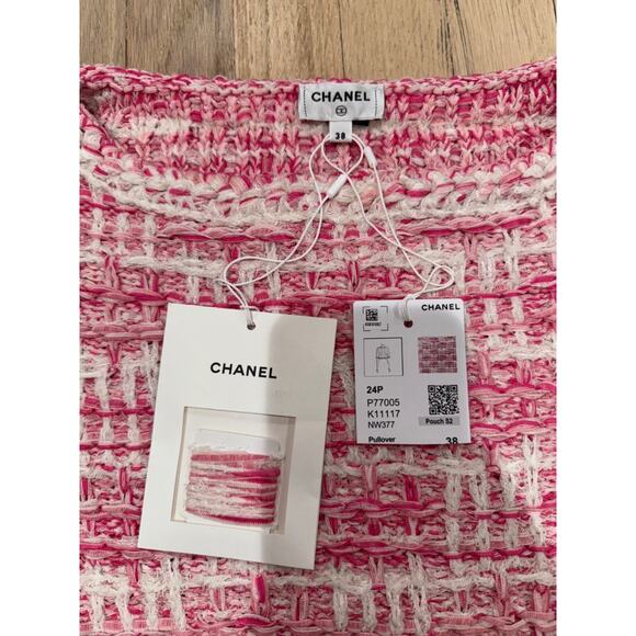 Chanel 24P Pink White Knit Frayed Tweed CC Logo Short Sleeve Pullover Top 38 - Picture 11 of 16